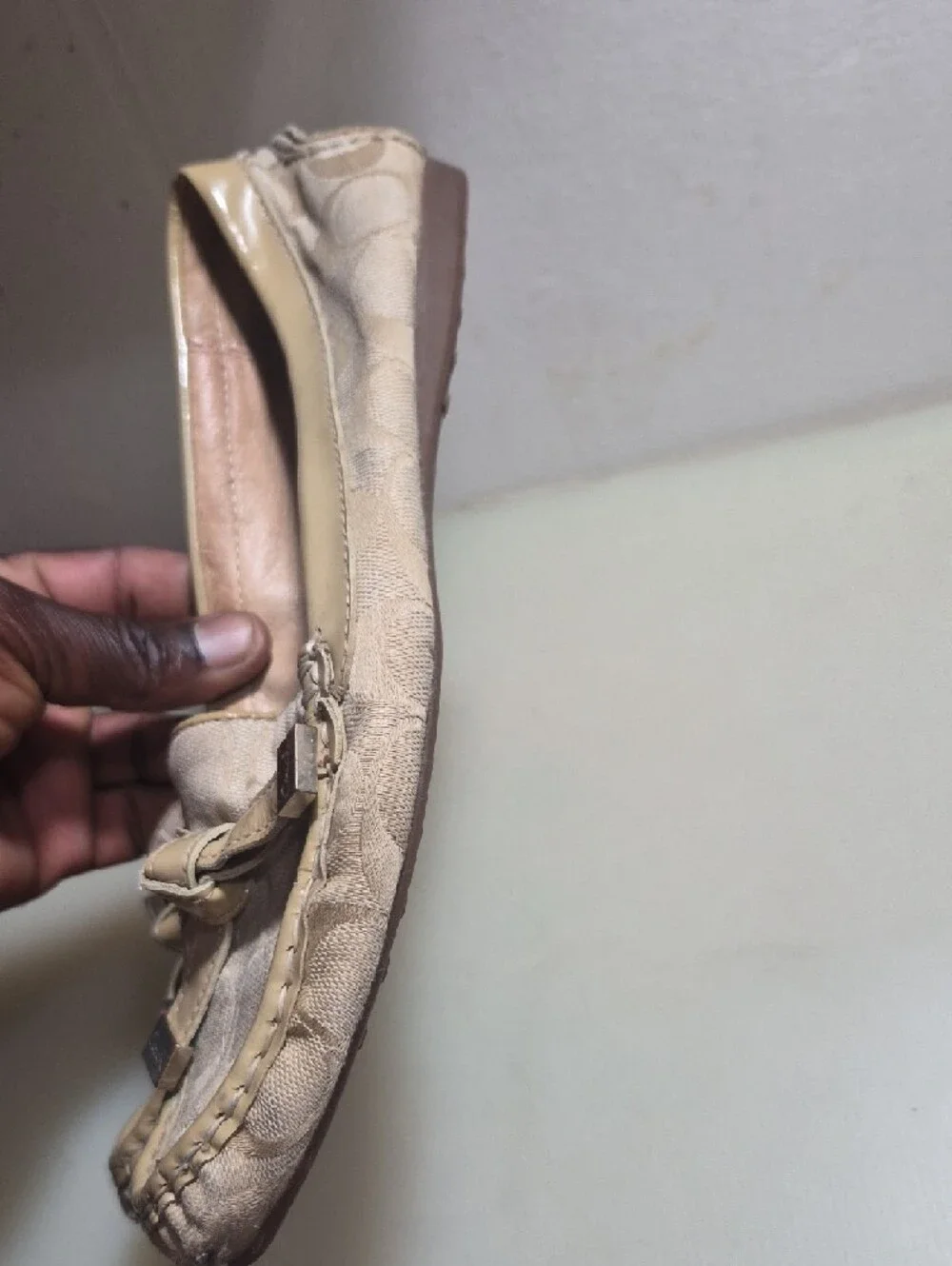 Coach Beige Signature Canvas Bow Moccasin Flats
